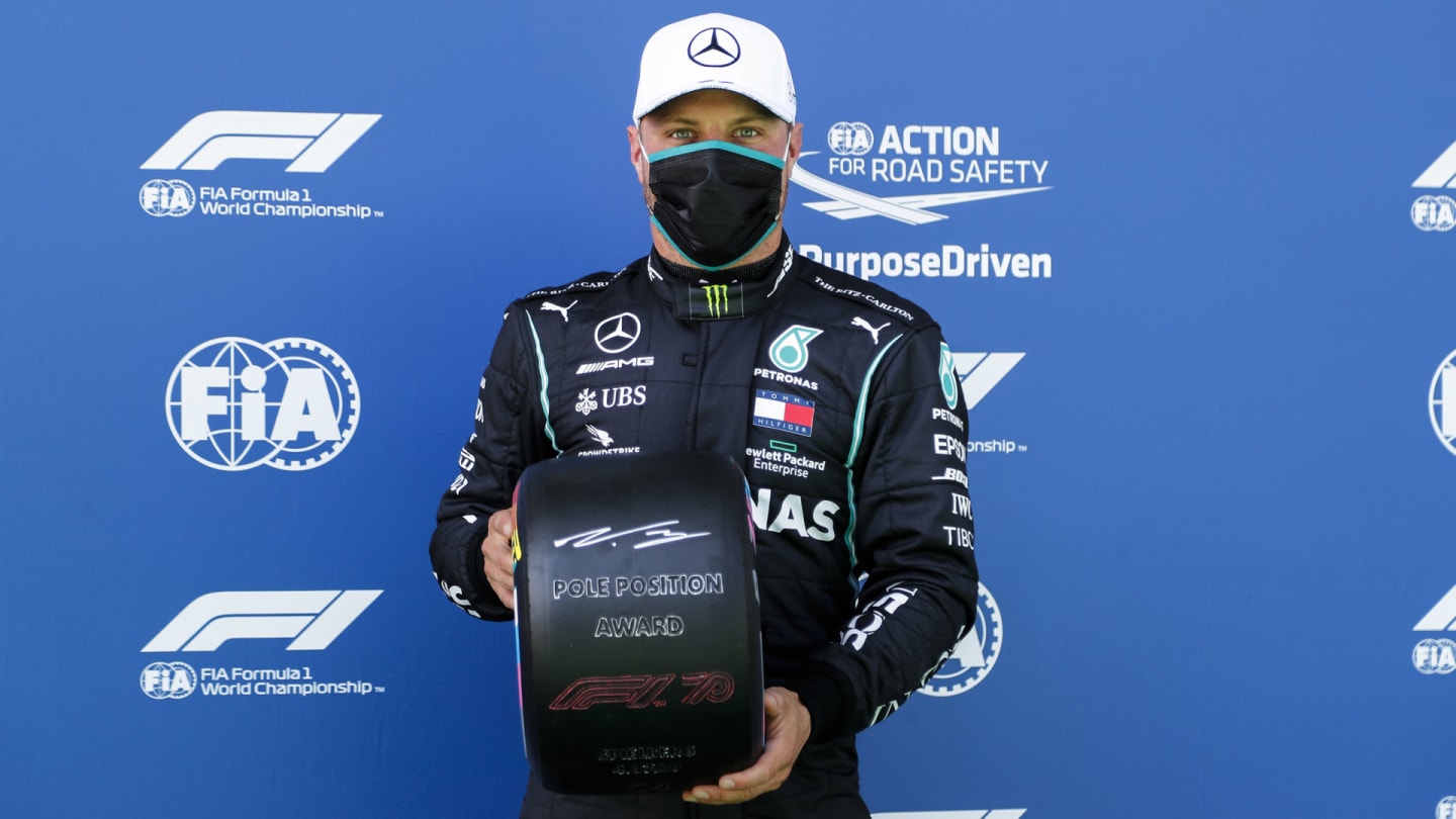 JULY 04: Valtteri Bottas, Mercedes-AMG Petronas F1 celebrates in parc ferme with the Pirelli Pole